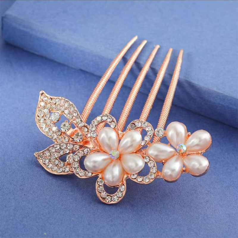 Wholesale Bow Knot Rhinestone Alloy Inlaid Pearl Hair Comb Elegant